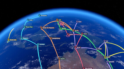 Localization, GPS Navigation, Path Finding. Routing. Global Communications - Destinations over Australia. City Names: Sydney, Cairns, Darwin, Broome. Global Positioning System. 3D Illustration.