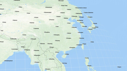 Cities of East Asia and Political Borders. City Names on the Earth Map. 3D Illustration. China, Japan, Mongolia, Myanmar.