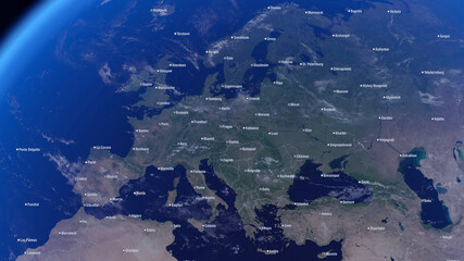 Cities of Europe and Political Borders. City Names on the Natural Earth. City Names in English.