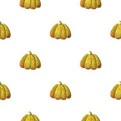 Big green pumpkin. Simple print with watercolor illustrations of vegetables on a white background. Seamless pattern with autumn crop for fabric, textile, paper. Stock image.