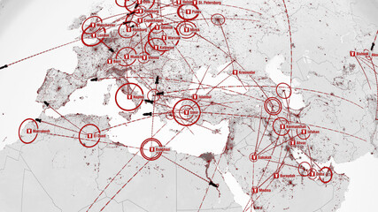 Nuclear Holocaust. Battlefield Maps. Terror Plans. Bombs fly between Cities. World War 3. City Names in English.. 3D Illustration.