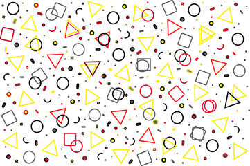 Geometric memphis style pattern seamless design. Abstract vector geometric icons set on white empty backdrop. Minimalist yellow, pink, black and grey figures design, seamless memphis style wallpaper