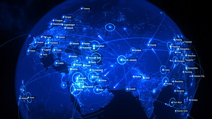 Global Connections over Asia and Europe. Global Communications - Destinations all over the World. Global Communications through the Network of Connections. Arrows fly between Cities. 3D Illustration.