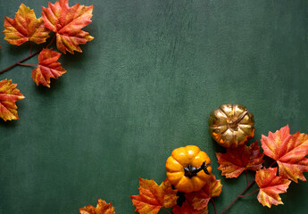 Autumn composition of autumn leaves, mini pumpkins with free copy space for text. Image shot from overhead. Happy Thanksgiving Banner.