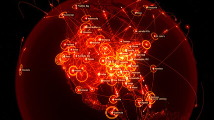 Global Communications over North America. Arrows fly between Cities. Flight Paths. City Lights. City Names in English. Red Version. 3D Illustration.