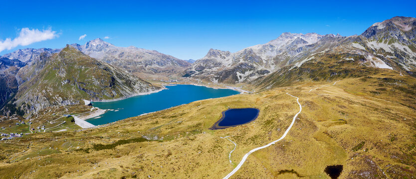 Montespluga, Italy, aerial view of the lake towards the Swiss border	