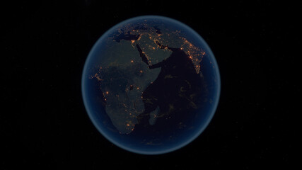 Earth at Night. 3D Illustration of Earth Bathed in City Lights at Night. City Lights of Europe, Asia and Africa. Country Borders.