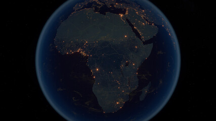 Earth at Night. 3D Illustration of Earth Bathed in City Lights at Night. City Lights of Europe and Africa. Country Borders.