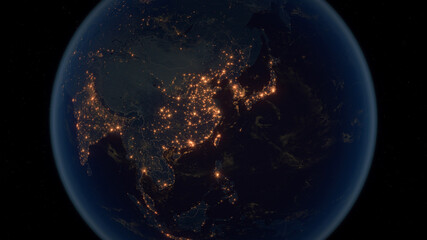 Far East. The Night View of City Lights. Eastern Asia - Planet Earth. Political Borders of East...