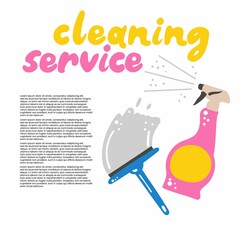 Cleaning service. Spray and brush for cleaning windows, household chemicals. Poster banner template for house cleaning services with lorem ipsum. Hand drawn cartoon vector illustration with lettering