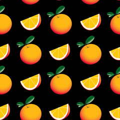 Seamless pattern with whole and sliced oranges and green leaves on a black backdrop. Cartoon vector background with citrus fruits, suitable for wallpaper, wrapping paper, fabric, textile, design.