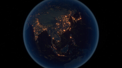 Far East. The Night View of City Lights. Eastern Asia - Planet Earth. Political Borders of East Asian Countries: China, Japan, Mongolia, Korea, India. Super Detailed Space View. 3D Illustration.