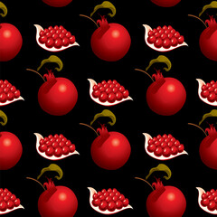Seamless pattern with pomegranate fruits and seeds on black background. Vector design for pomegranate juice, cosmetics, spa, health care products. suitable for wallpaper, wrapping paper, textile