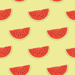 Fruit seamless pattern with juicy watermelon slices. Summer vector background with the red sweet watermelon, suitable for wallpaper, wrapping paper, fabric, textile, design