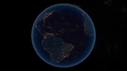 South America. The Night View of City Lights. Planet Earth. Political Borders of South American Countries. Super Detailed Space View. 3D Illustration.
