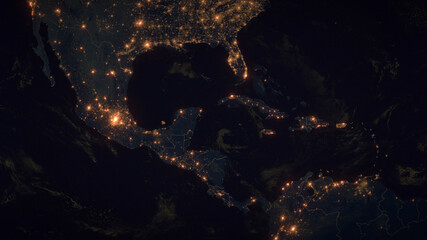 Middle America. The Night View of City Lights. Middle America - Planet Earth. Political Borders of Middle American Countries: Mexico, Colombia, Venezuela, Cuba, Costa Rica. 3D Illustration.