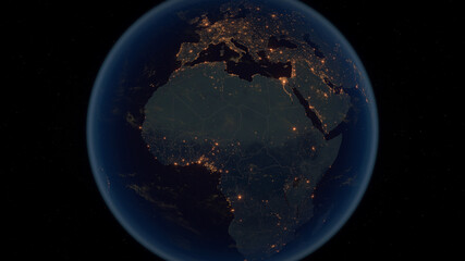 Africa. The Night View of City Lights. African Continent - Planet Earth. Political Borders of African Countries. Super Detailed Space View. 3D Illustration.