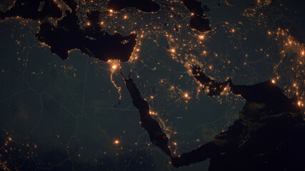 Near East. The Night View of City Lights. Planet Earth. Political Borders of Near Eastern...