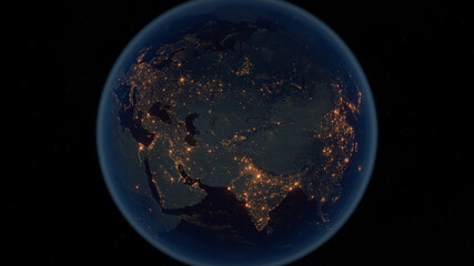 Earth at Night. 3D Illustration of Earth Bathed in City Lights at Night. City Lights of Europe, America, Asia, Africa and Australia.