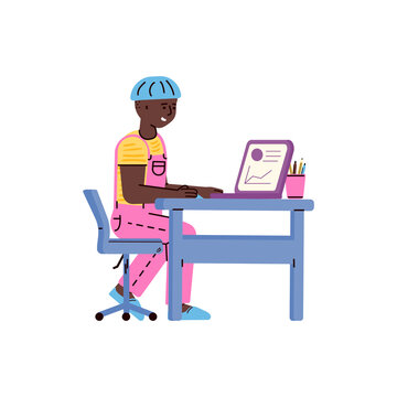 Little boy learning on laptop - online education concept with cartoon African child sitting behind school desk and looking at computer screen. Isolated vector illustration.