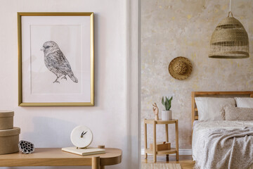 Interior design of bedroom with mock up picture frame, wooden console, plants, clock book, rattan...