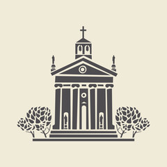 Icon or stencil of a stylized bell tower with columns and bushes. Decorative vector illustration of a chapel in flat style, isolated on a light background