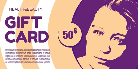 Gift voucher template with geometry pattern and woman face. For cosmetology and beauty salon