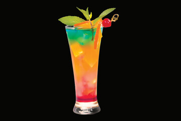 Rainbow cocktail with ice, orange, and a cherry