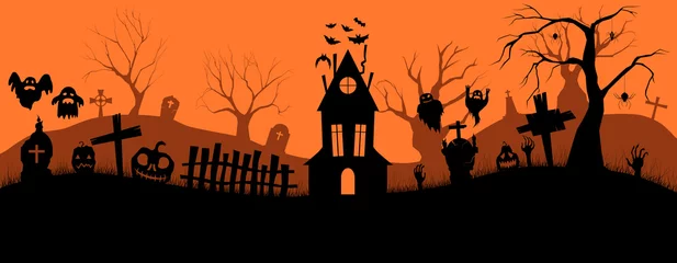 Fototapeten Happy Halloween banner. Holiday event halloween banner background concept. Template for advertising brochure. Composition of silhouettes.  Vector illustration. © Vadym