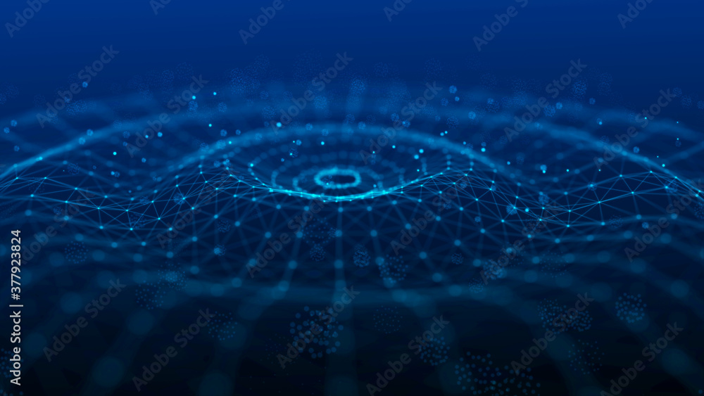 Poster wave of particles. abstract background with a dynamic wave. futuristic wave of blue dots. futuristic