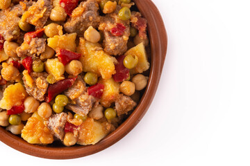 Ropa vieja food isolated on white background. Top view. Copy space	