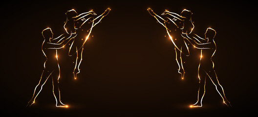 Two couples dancing ballet. Competitions on synchronous choreography. Abstract silhouette ballet dancers, two male dancers and two ballerinas. Drawn light stroke on a brown background. Icon. Logo. © Yurii