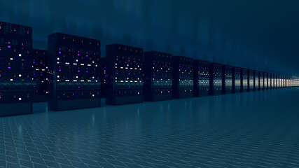 Server room data center. Backup, mining, hosting, mainframe, farm and computer rack with storage information. 3d render