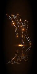 Ballet. Ballerina and male dancer holds his partner's waist during a jump, perform pas. Speech at the scene with a mirror image. Abstract silhouette dancers with golden outline on a brown background. © Yurii