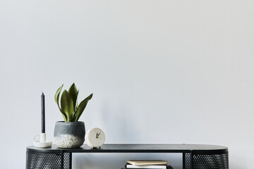 Stylish scandinavian home interior with design wooden commode, books, decorations, copy space and...