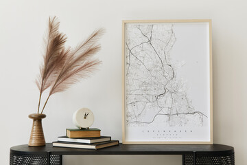 Modern scandinavian home interior with design wooden commode, mock up poster map, feather in vase,...