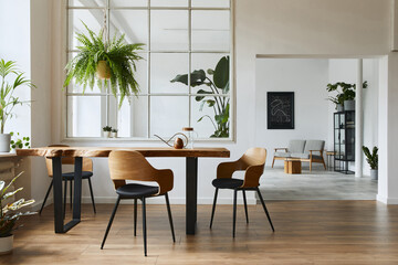 Stylish and botany interior of dining room with design craft wooden table, chairs, a lof of plants,...