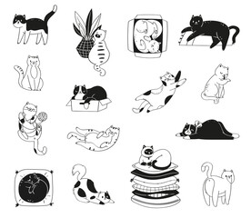Big set, hand drawn vector illustration of cute funny cats sitting, playing, lying, stretching. Collection of adorable pretty purebred pet animals drawing in doodle style, black on white background