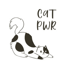 Hand drawn lettering quotes about cute funny cats. Humoristic calligraphy message, slogan use for cards, print. Scandinavian style pretty pet in cartoon style black on white background