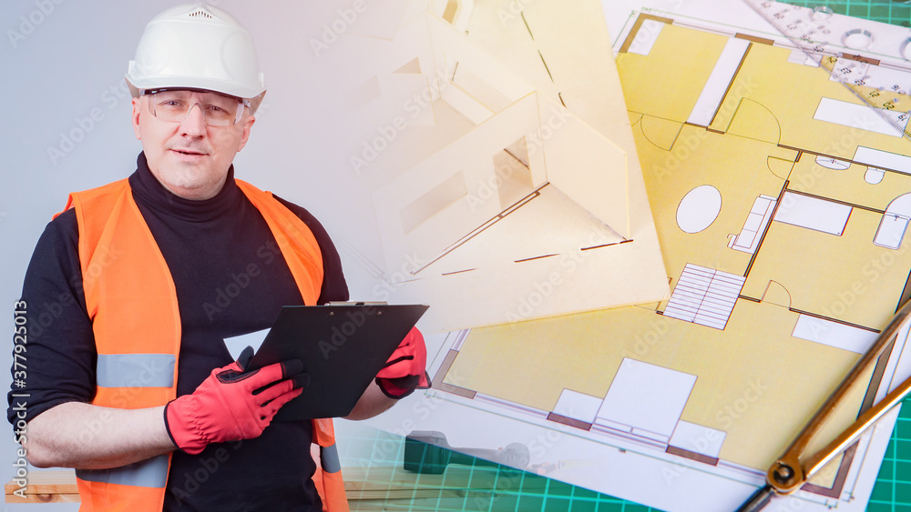 Poster civil engineer. a man in a white helmet on the background of construction documentation. project of 