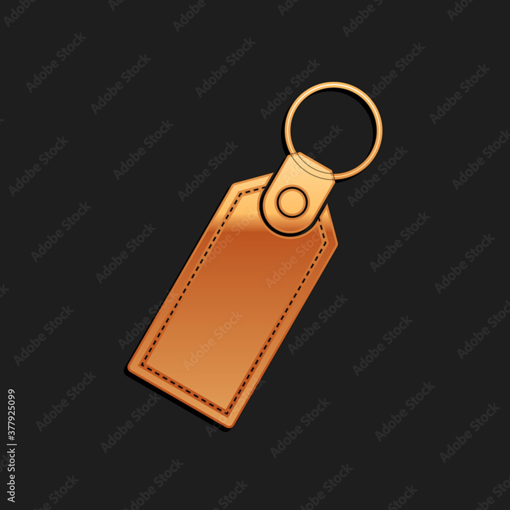 Poster gold rectangular key chain with ring for key icon isolated on black background. long shadow style. v