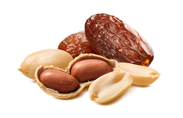 Peanuts or groundnuts and dates isolated on white background