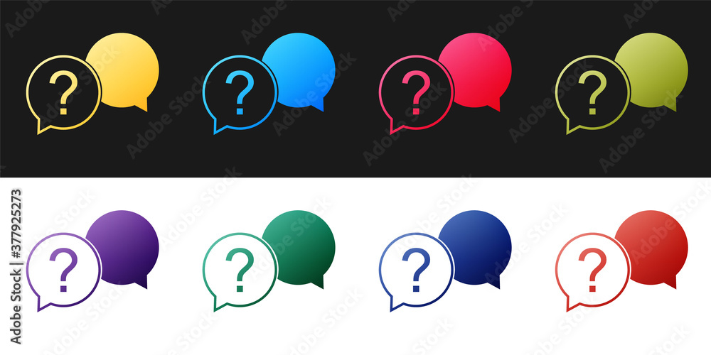 Poster set chat question icon isolated on black and white background. help speech bubble symbol. faq sign. 