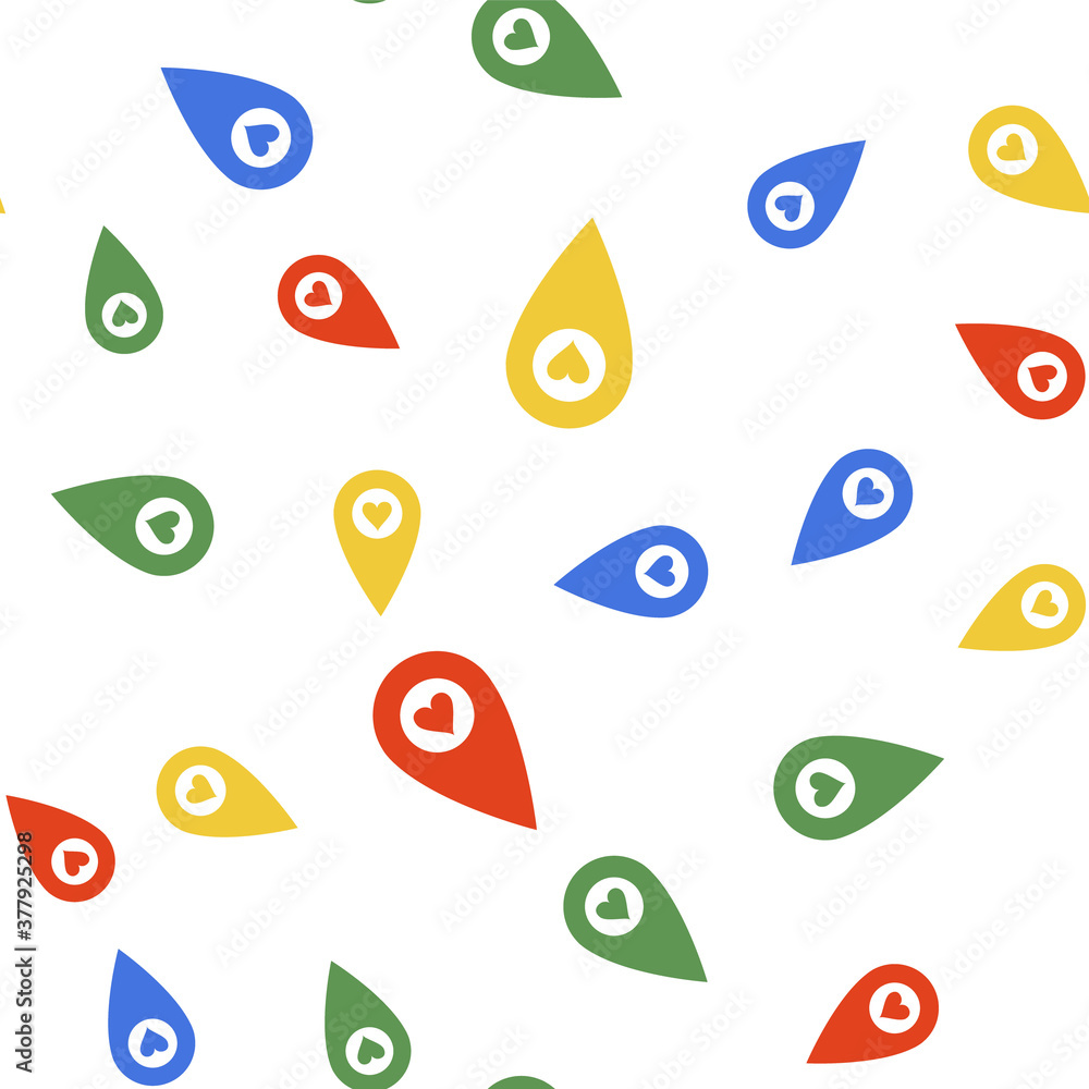 Poster color map pointer with heart icon isolated seamless pattern on white background. valentines day. lov