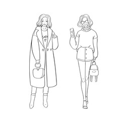 Hand drawn young fashion women in beautiful look. Sketch drawing cute girls hipsters, trendsetters or influencers with stylish outfit, dressed in trendy clothes. Outline vector illustration, doodle