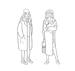 Hand drawn young fashion women in beautiful look. Sketch drawing cute girls hipsters, trendsetters or influencers with stylish outfit, dressed in trendy clothes. Outline vector illustration, doodle