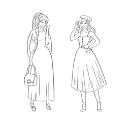 Hand drawn young fashion women in beautiful look. Sketch drawing cute girls hipsters, trendsetters or influencers with stylish outfit, dressed in trendy clothes. Outline vector illustration, doodle