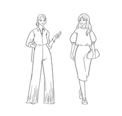 Hand drawn young fashion women in beautiful look. Sketch drawing cute girls hipsters, trendsetters or influencers with stylish outfit, dressed in trendy clothes. Outline vector illustration, doodle