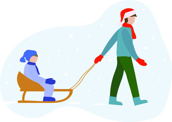 Christmas winter illustration. Father is pulling a sleigh with his son over the snow.  A man wears a cap of Santa Claus and red mittens. Vector flat design