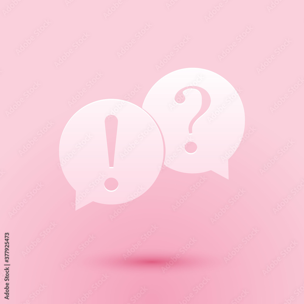 Poster paper cut speech bubbles with question and exclamation marks icon isolated on pink background. faq s